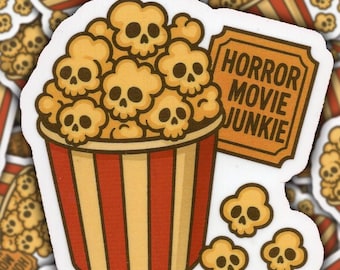 Horror Movie Junkie Sticker – Spooky Popcorn Skull Art