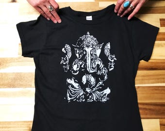 Ganesh Statue - Original Design - Ladies Screen Printed Yoga Graphic T-shirt - Handprinted - Ganesha Visual Meditation