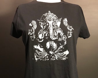 Ganesh Statue - Original Design - Ladies Screen Printed Yoga Graphic T-shirt - Handprinted - Ganesha Visual Meditation