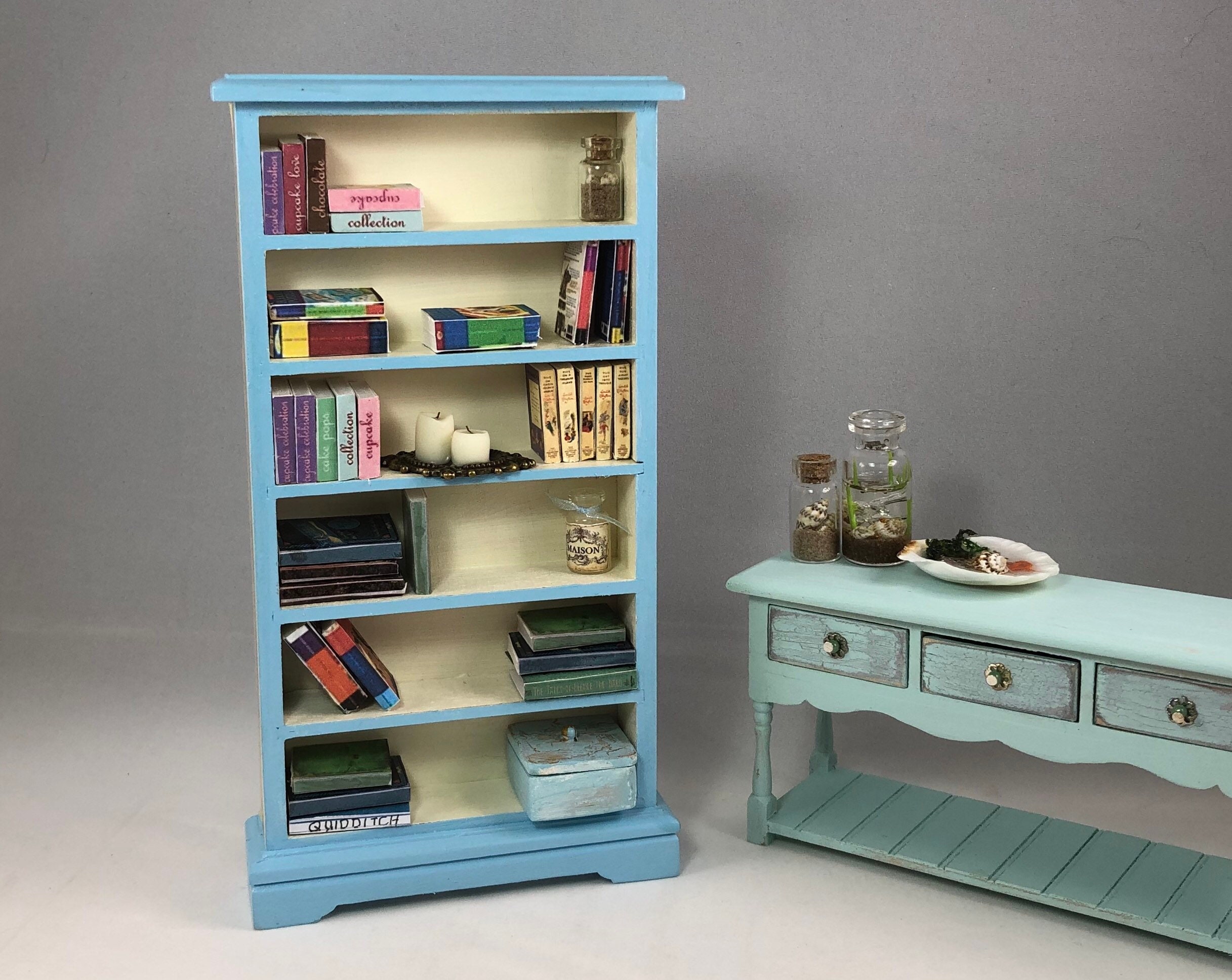Dolls house book shelf miniature furniture blue and cream Etsy