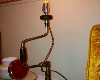 Vintage Antique Primitave Hand Drill Accent Lamp