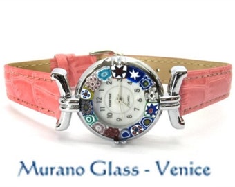 MURANO GLASS WATCH, Millefiori, Italy, authentic, handmade, Seiko quartz, leather band, chrome, pink
