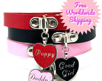 BDSM DDLG ADBL Custom Personalized Heart Bondage Choker Collar Faux Leather with Printed Slave Owned Pet Brat Whore Sissy Kitten Tag Pendant