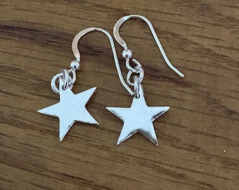 Handmade Silver Star Drop earrings, Hammered silver star drop earrings, swirly silver star drop earrings, star drop earrings, handmade