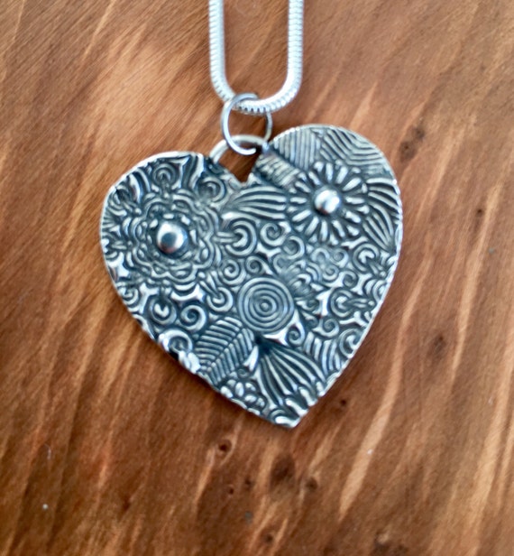 Large Fine Silver Floral Heart Pendant: Oxidized Handmade Necklace