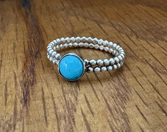 Turquoise Ring on double beaded silver band- Size L