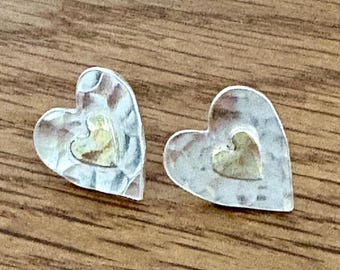 Gold and Silver Heart Stud Earrings