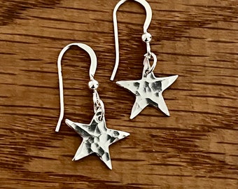 Handmade Silver Star Drop earrings, Hammered silver star drop earrings, swirly silver star drop earrings, star drop earrings, handmade