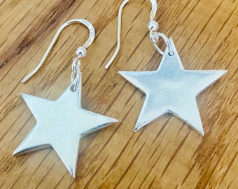 Large silver star drop earrings, silver star drop earrings, large handmade silver star drop earrings