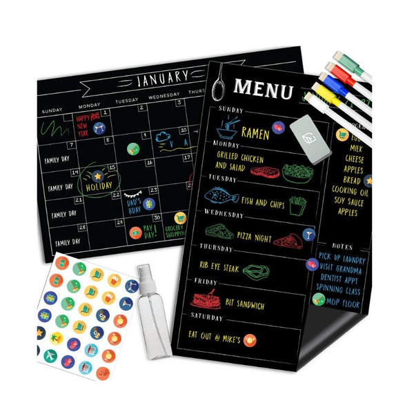 Magnetic Chalkboard Calendar & Reusable Dry Erase Meal Planner – Organizational Family Planning Board - Chart for Multiple Kids or Teens