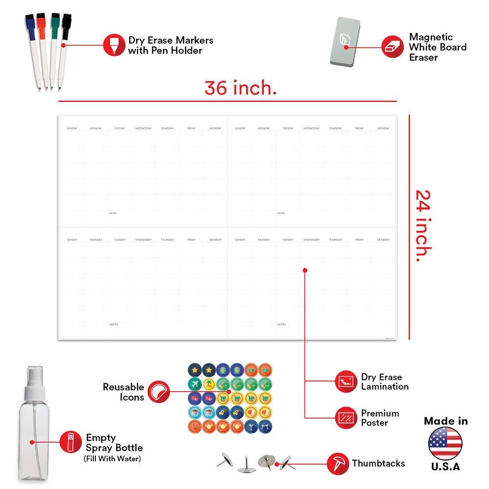 X Large Dry Erase Wall Calendar 24x 36 4 Month Etsy