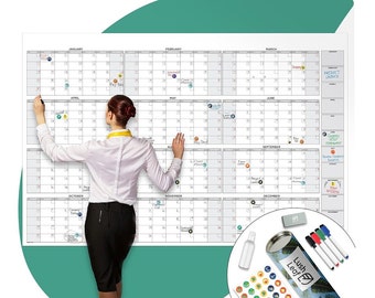 Large Dry Erase Calendar for Wall, 38" x 58" - Undated, Yearly, Reusable - Full 12 Month Year - Includes Markers, Eraser & Accessories