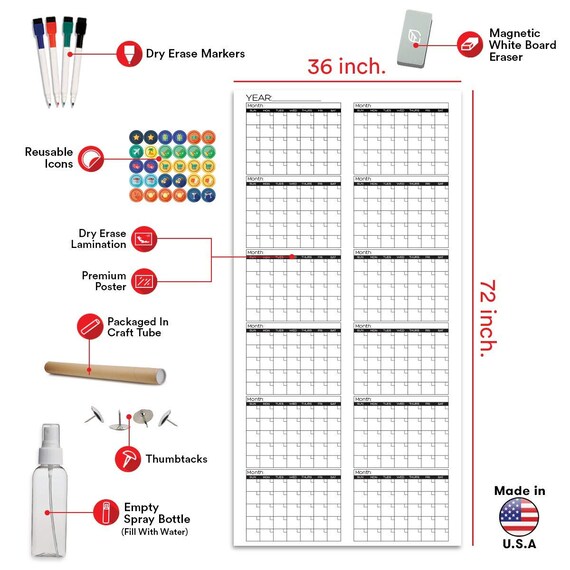 12 Month Planning Calendar Office Supplies Jumbo 72 X 36 Vertical