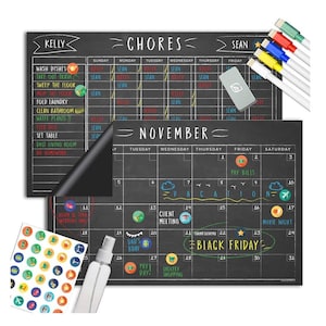 Magnetic Calendar and Menu for Fridge - 11x17 2 Pack Set - Budget Planner, Chore Chart for Kids, Grocery List Magnet Pad