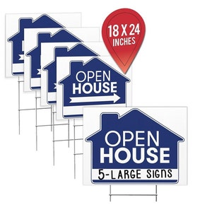 Open House Real Estate Signs – [Upgraded] 5 Double Sided Blue Property Yard Sign Bulk Pack & 5 Heavy Duty Rust Free H Wire Stakes