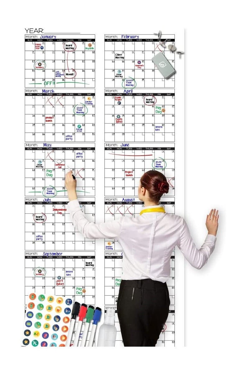 Large Dry Erase Wall Calendar - Premium Giant Reusable Yearly Calendar -  Oversized Whiteboard Annual 12 Month Undated Planner - 36X72 