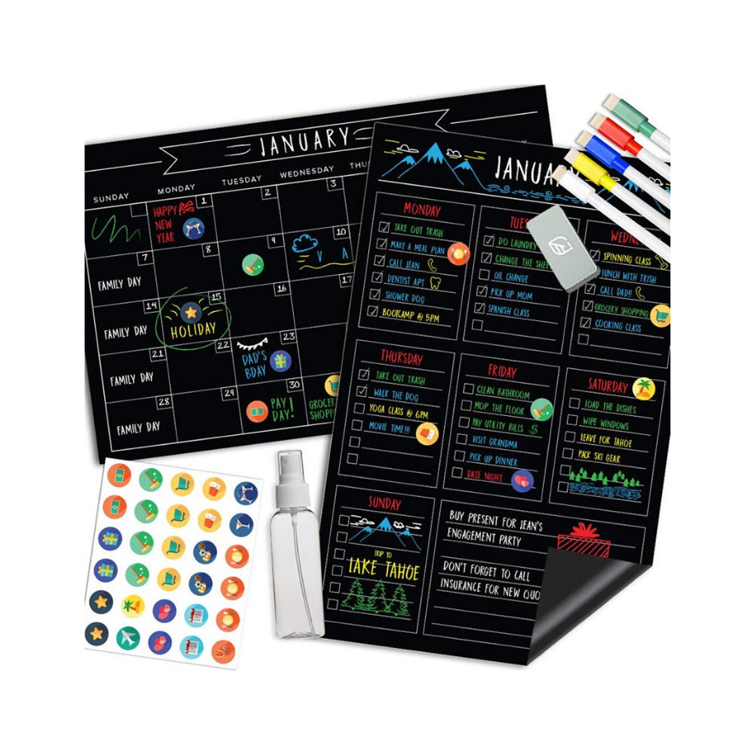 Calendar for Fridge Chalkboard Weekly & Monthly Black Dry Erase Refrigerator Board 2024
