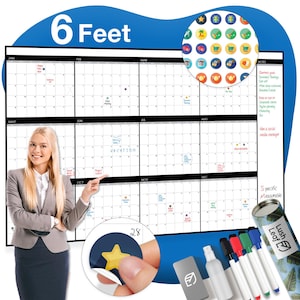 Large Dry Erase Calendar for Wall, 48&quot; x 74&quot; - Undated, Yearly, Reusable - Full 12 Month Year - Includes Markers, Eraser & Accessories