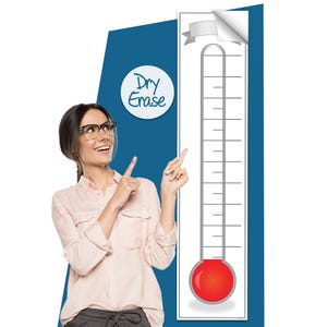 May include: A woman points to a large white thermometer graphic with a red bulb at the bottom. The thermometer is on a blue background with the words "Dry Erase" in a white circle.