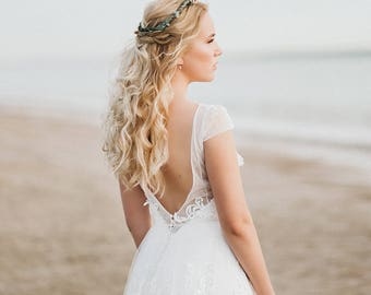 Open back wedding dress, Bohemian Wedding Dress, Backless Wedding Dress, Short Sleeves Wedding Dress, Low Back Wedding Dress, Lace Dress