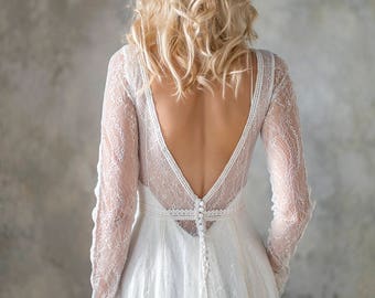 Long Sleeve bohemian wedding dress, boho wedding dress, lace wedding dress, backless wedding dress, boho bridal gown, bridal dress
