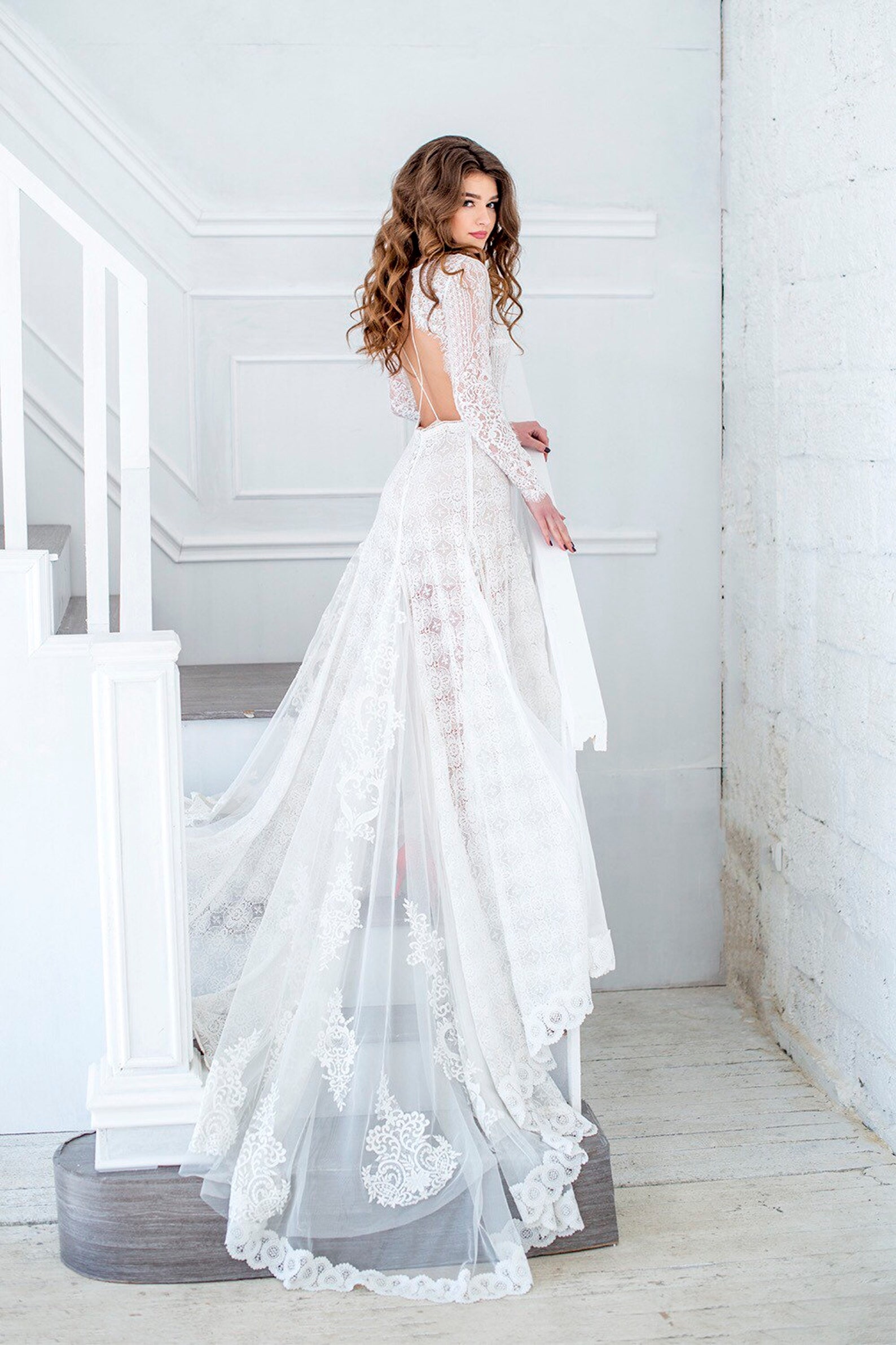 Open Back Bohemian Wedding Dress Lace Boho Wedding Dress Etsy