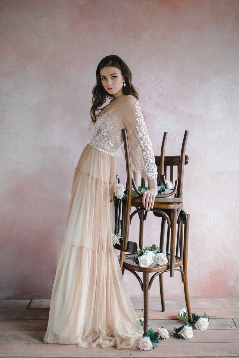 Nude wedding dress with bishop sleeves boho three-quarter image 1