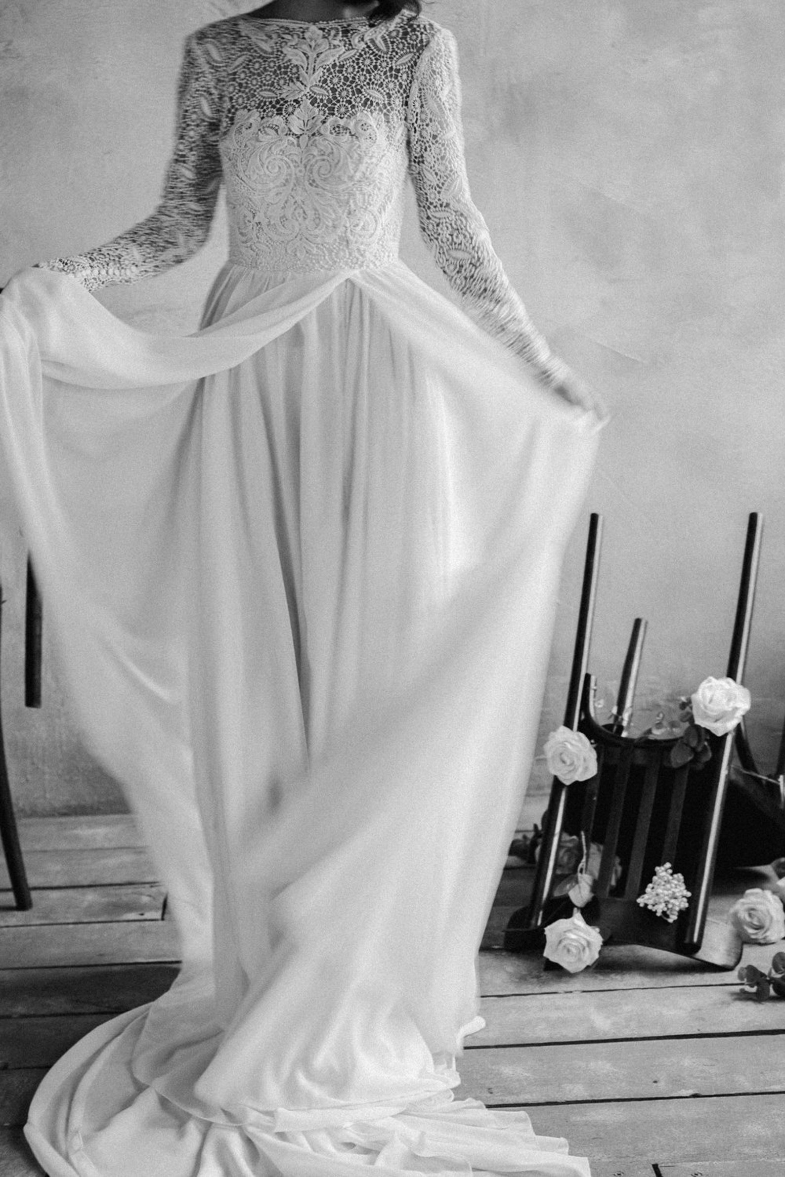 Open Back Boho Wedding Dress Long Fitted Sleeves Macrame Lace Etsy