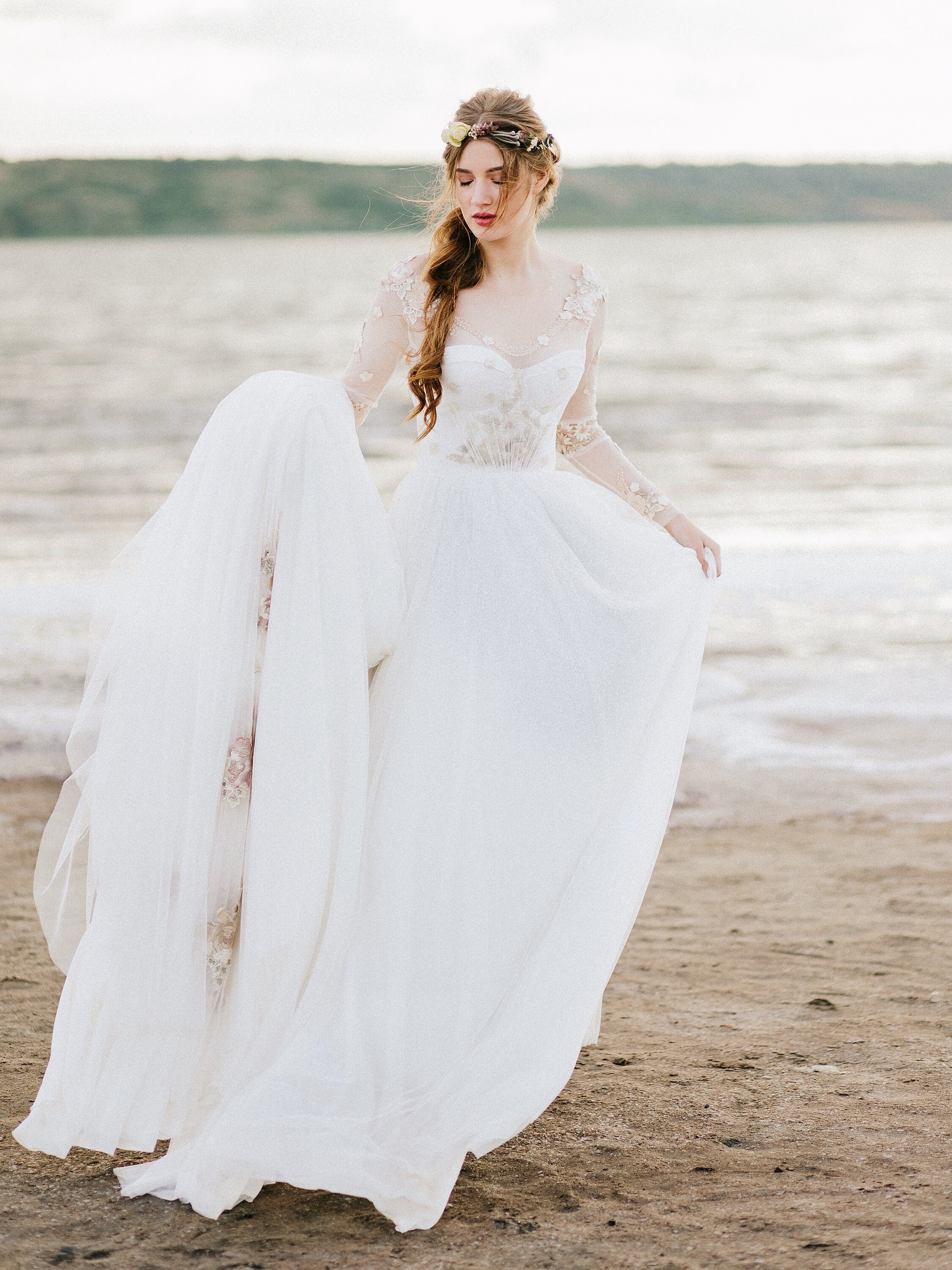 A-line Wedding Dress With Floral Beaded Bodice And Tulle Skirt