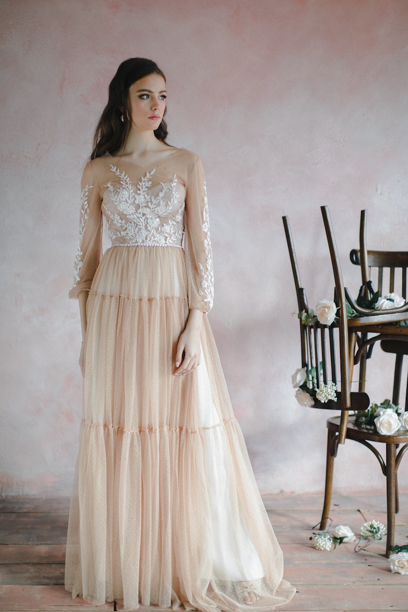 Nude wedding dress with bishop sleeves boho three-quarter image 2