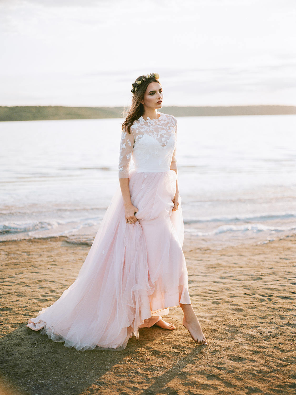 Modern Blush Pink Two-Piece Wedding Dress with Tulle Skirt