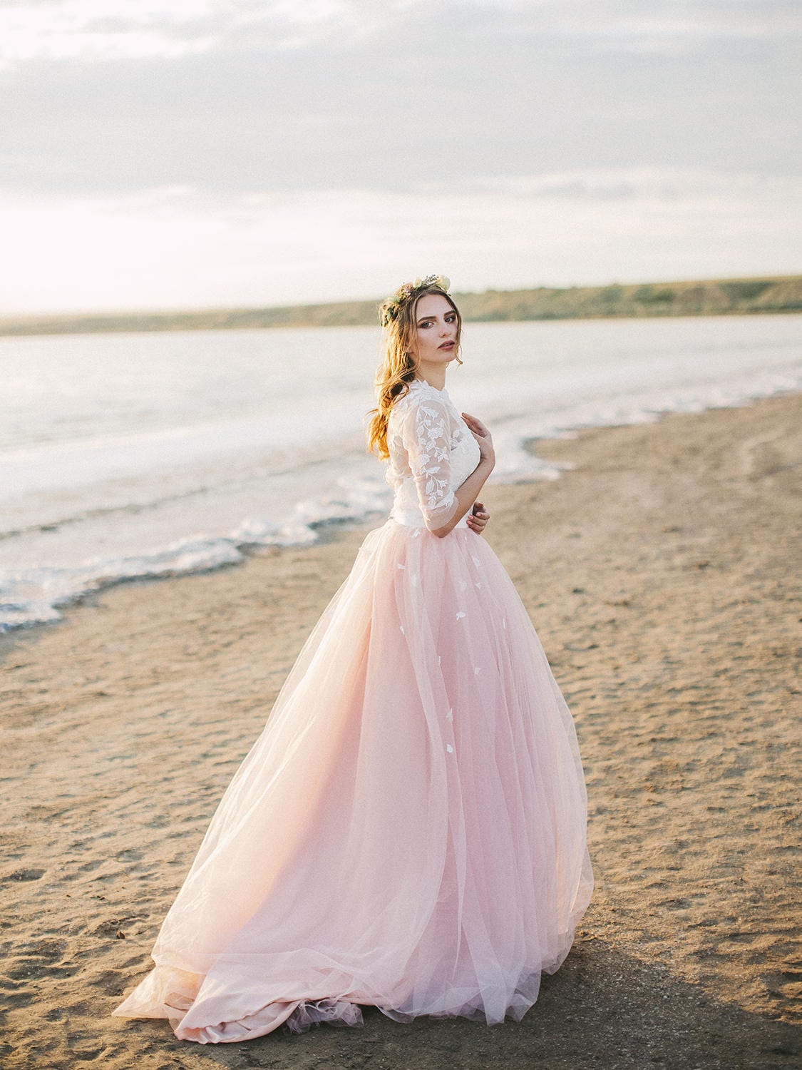 Modern Blush Pink Two-Piece Wedding Dress with Tulle Skirt
