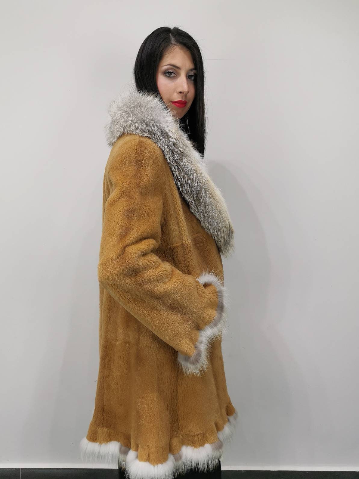 Real Nutria Fur Coat with Full Skin Fox Collar and details.