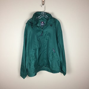 May include: A green hooded jacket with a zipper closure and a logo that says "Chaps" on the left chest.