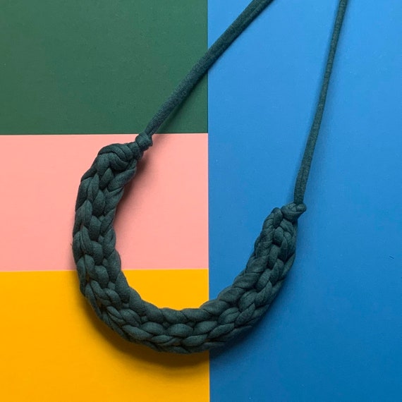 Stellen Curve necklace: Deep Teal chunky statement necklace made with green-blue Tshirt yarn