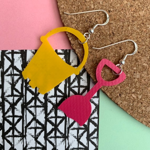 Bouncy Castle Earrings | Yellow + Pink | recycled broken bouncy castle PVC Bucket and Spade + sterling silver | seaside