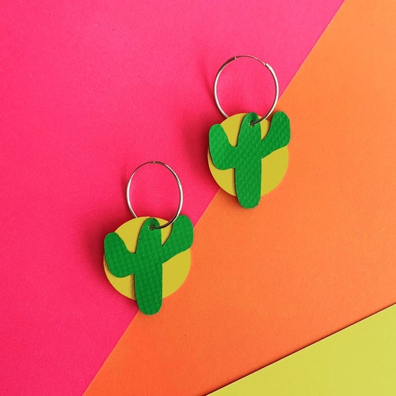Cactus Hoop Earrings Bouncy Castle PVC | sterling silver | rescued materials | Cute | colour pop | Green + Yellow