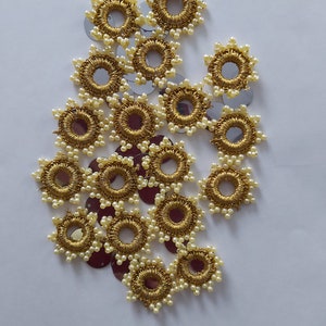 50 x Gold  Crochet Mirror Rims with Cream Beads + 50 Foil Mirrors for Sewing, Quilting &  Card Decoration