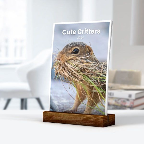 Desk Calendar - 2024 Calendar - Cute Critters Monthly Desk Calendar with Hardwood Desk Stand - Photography - 5x7 - Animal Lover Gift