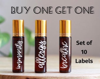 BOGO --> 10ml Essential Oil Roller Bottle Labels with Cursive or Plain Font Options - 10 Labels -32 Color Options - labels only
