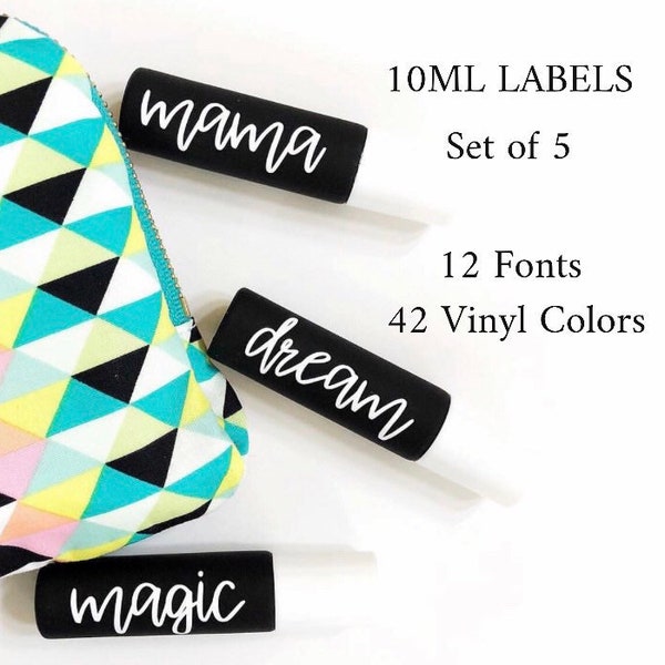 5 Pack - 10ml Roller Bottle Labels - 12 Fonts - 42 Vinyl Colors - Essential Oils