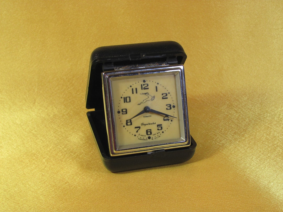 Vintage Mechanical Travel Alarm Clock Slava Deer, Soviet Design Home