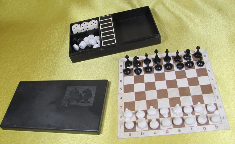 Vintage Soviet Set of Road Games Chess Checkers Dominoes Soviet Design Retro Old Style Gift USSR