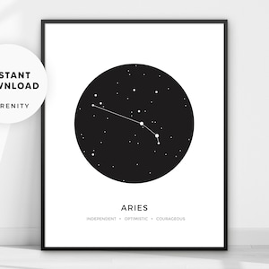 Aries Constellation Print, Printable Zodiac Sign Wall Art, Minimalist Modern Geometric Poster, Black and White Decour, Astrology, Stars