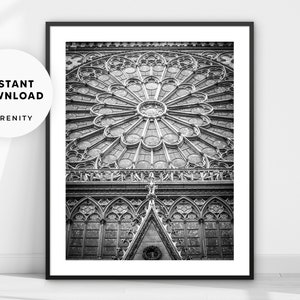 Paris Wall Art, Notre Dame Photography Print, Travel Poster, Architecture Black and White Photo, Instant Download