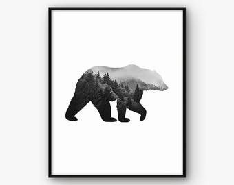 Schwarz und weiß minimalistischen Bär Druck, druckbare abstrakte Tier Wandkunst, moderne skandinavische Nordric Home Decor, digitale Poster