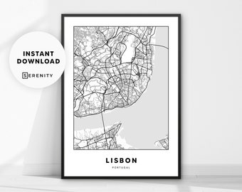 Lisbon City Map Wall Art, Street Map Poster, Portugal Travel Black and White Digital Print, Minimalist Living Room Decor