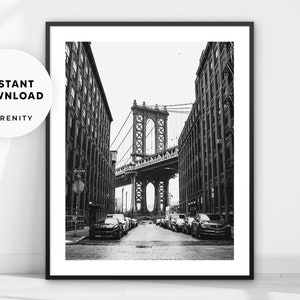 New York City Print, Brooklyn Bridge Photo Wall Art, Travel Poster, Black and White Cityscape Photography, Instant Download