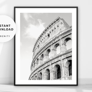 Rome Travel Print, Colosseum Photo Poster, Italy Coliseum Architecture Photography Wall Art, Black and White Instant Download