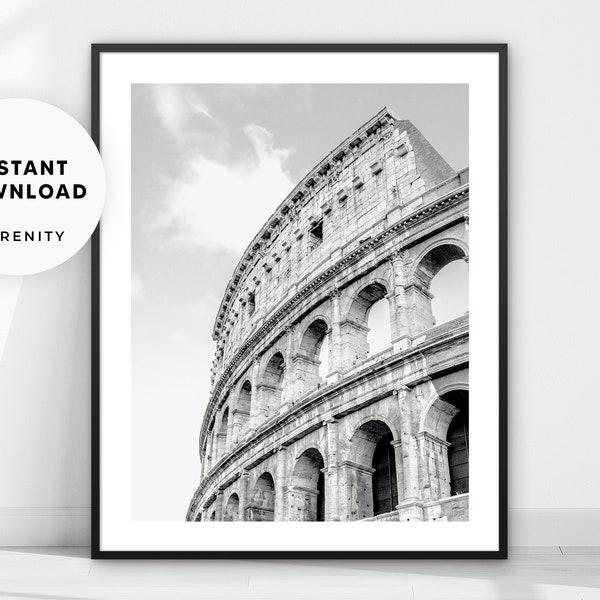 Rome Travel Print, Colosseum Photo Poster, Italy Coliseum Architecture Photography Wall Art, Black and White Instant Download